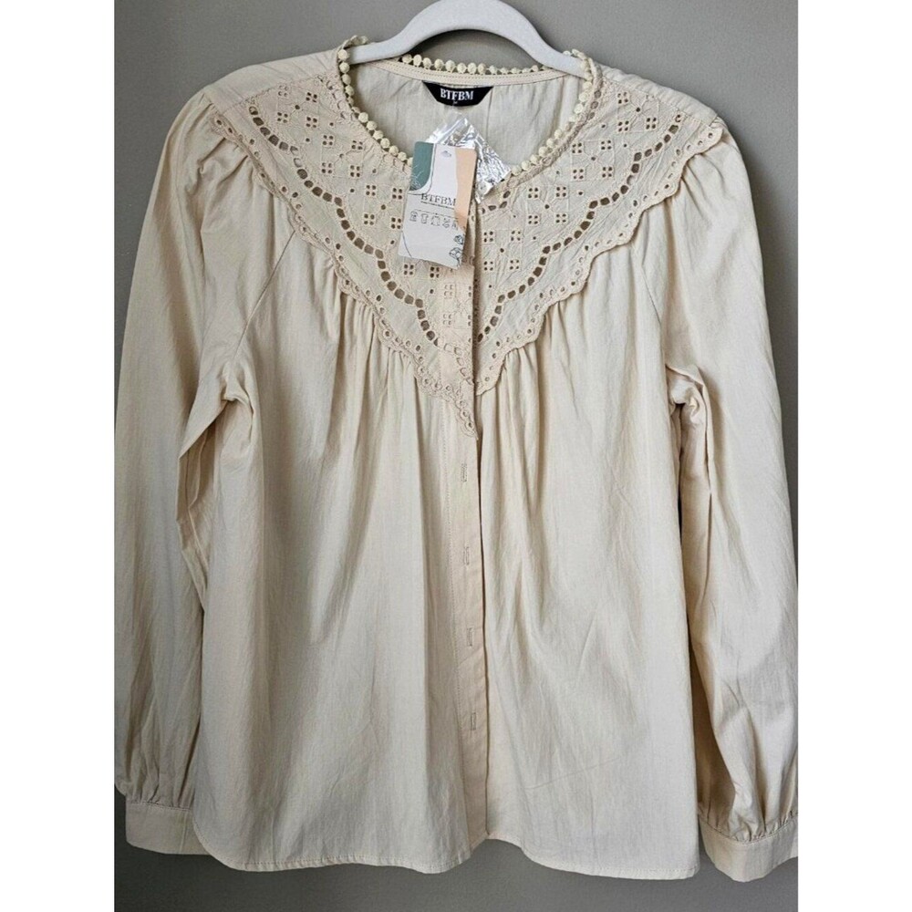 BTFBM Boho Eyelet Lace Blouse Medium Cream Long Sleeve Peasant Top Cottagecore
